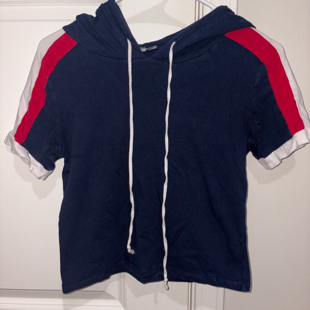 Navy Blue Cropped Hoodie with Red and White Stripes